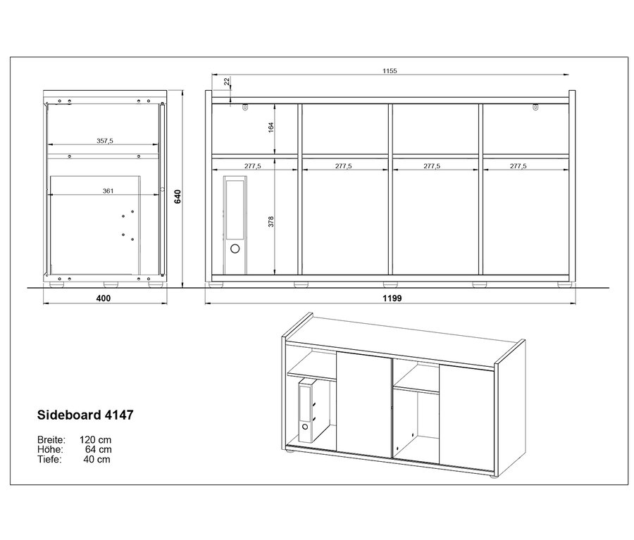 Abbildung des Designs und der Abmessungen des Sideboards "Indianapolis".