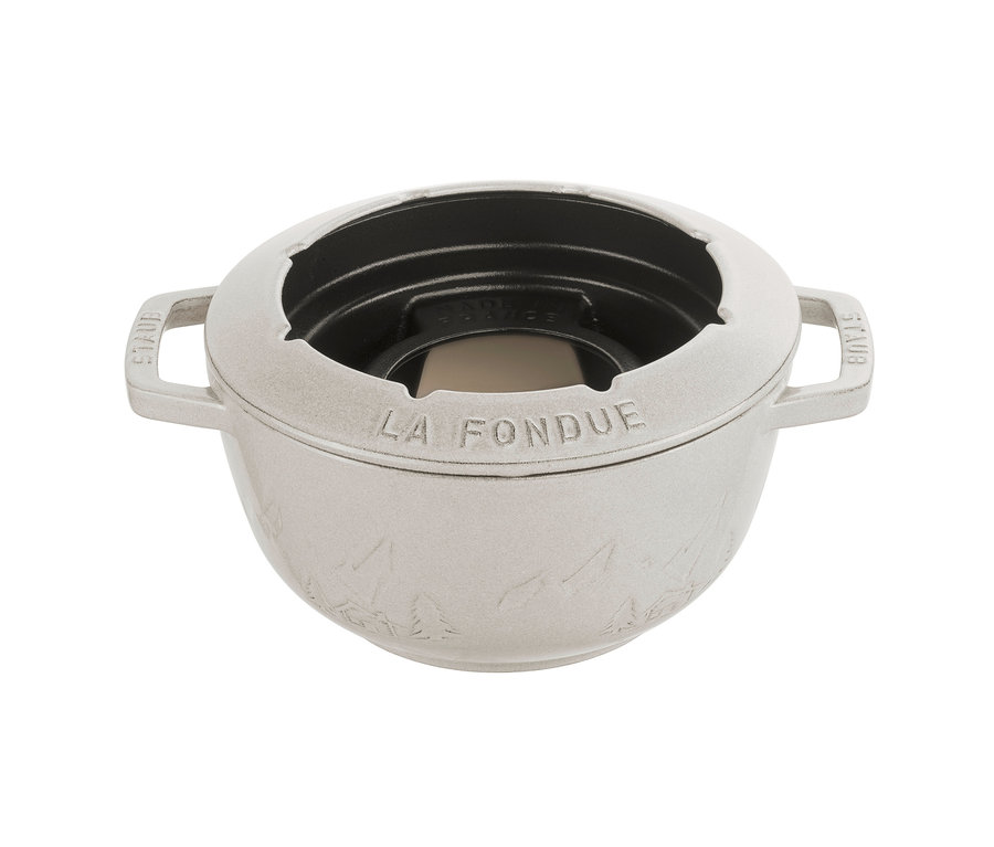 Detailansicht des weißen STAUB Fondue-Sets.