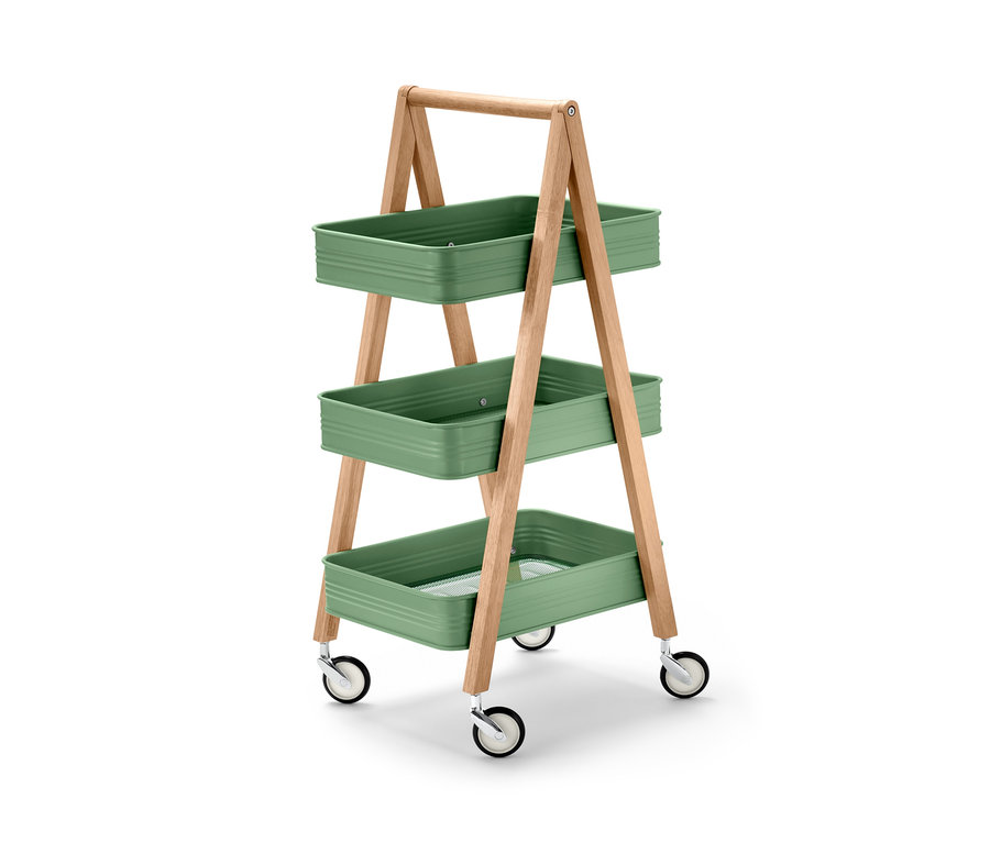 Ein grüner Küchen-Servierwagen mit drei Ablagen und Holzrahmen.