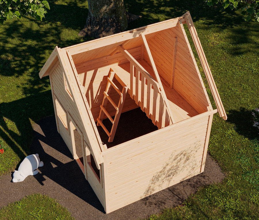 Ein unfertiges Karibu Spielhaus »Kalle« aus Holz steht auf einer Wiese neben einem Weg.