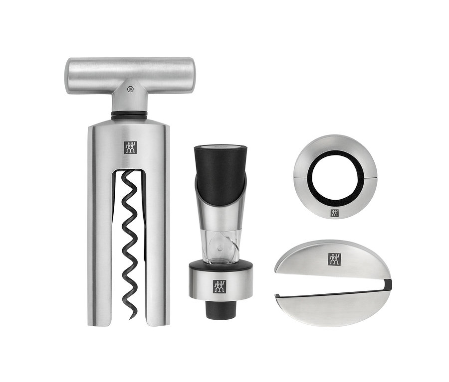Vierteiliges ZWILLING Sommelier-Set aus Edelstahl mit Korkenzieher, Ausgießer, Flaschenverschluss und Folienschneider.
