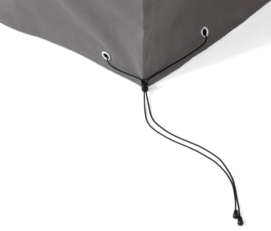 Ecke einer grauen Premium-Abdeckhaube für Strandkorb XL/XXL mit Kordelzug.