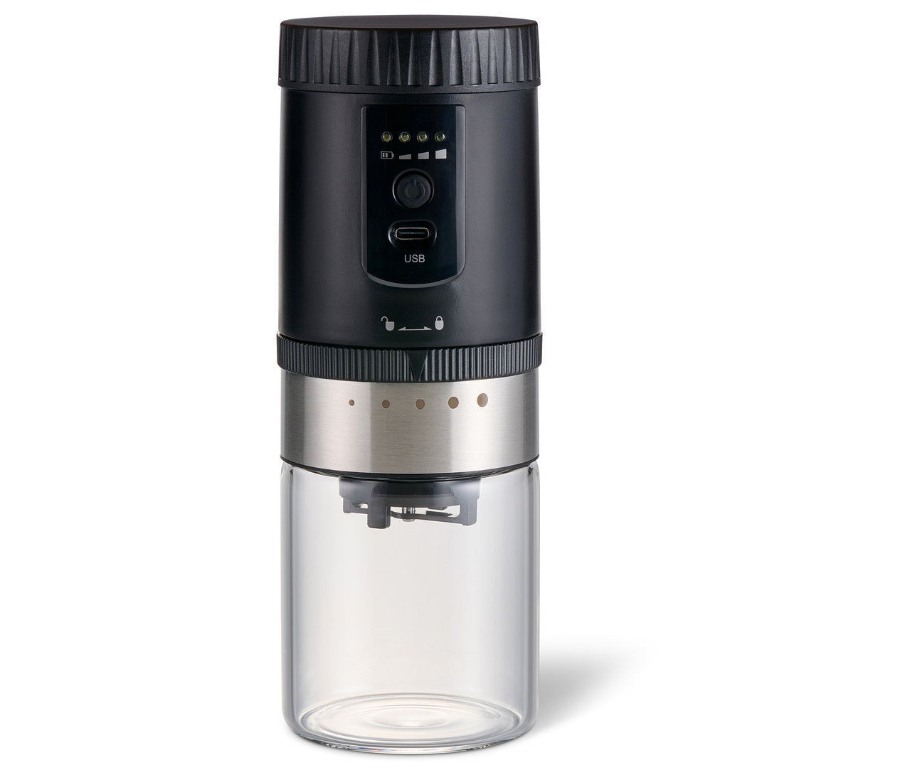 Eine schwarze Akku-Kaffeemühle.