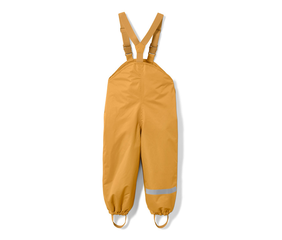 Gelbe Kinder-Thermo-Regenhose mit Latz und Reflektoren an den Hosenbeinen.