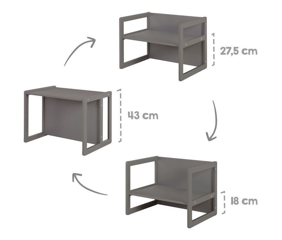 Die graue roba 3-in-1 Kindersitzgruppe wird in drei verschiedenen Konfigurationen mit den dazugehörigen Abmessungen gezeigt.