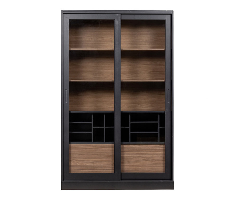 Schwarze Woood Vitrine »James« aus Kiefernholz mit Glasschiebetüren.