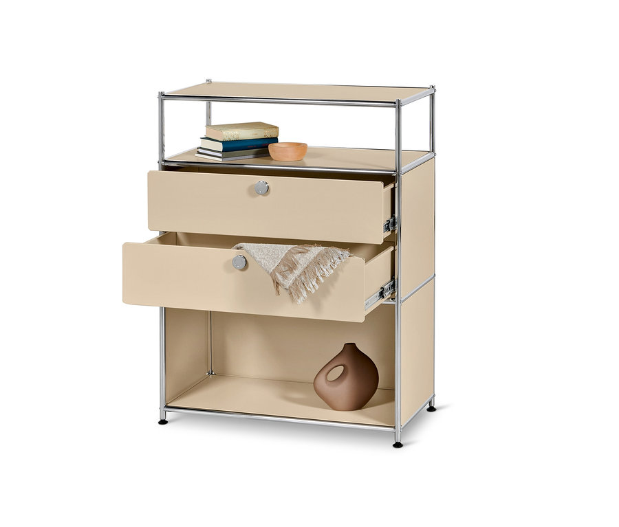 Kommode Metall »CN3« mit 2 Schubladen, beige, wobei eine Schublade offen ist.