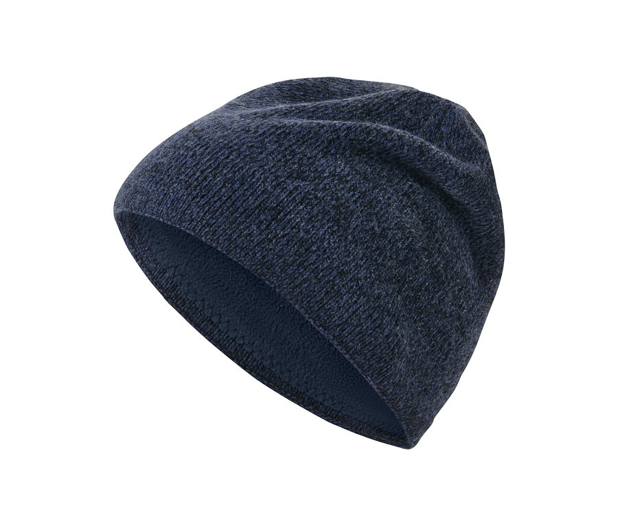 Dunkelblau melierte Strickmütze.