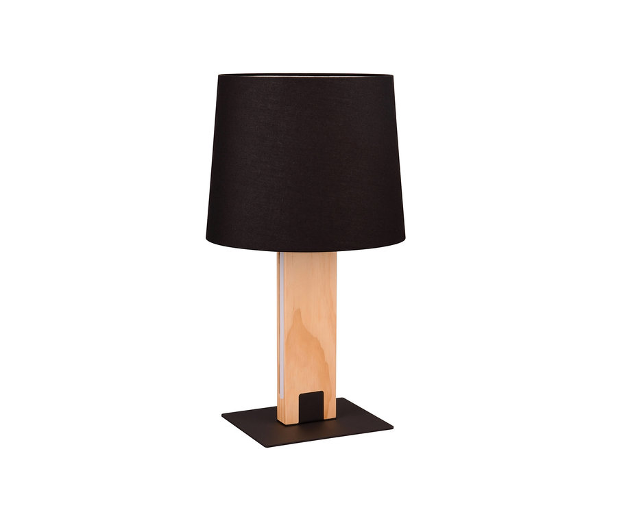 Eine Trio Tischleuchte »Rahul« mit schwarzem Schirm und Holzfuß steht auf einem Tisch.