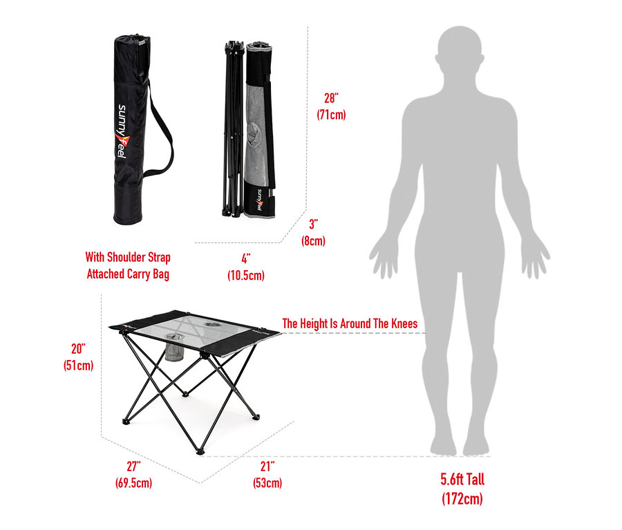 Ein aufgebauter Camping-Textil-Klapptisch neben seiner Tragetasche und einer Silhouette einer Person zum Größenvergleich.