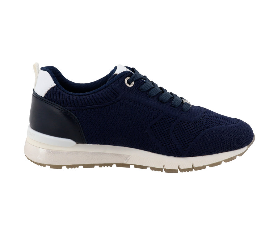 Marineblauer Tom Tailor Sneaker aus Textil/PU auf weißem Hintergrund.