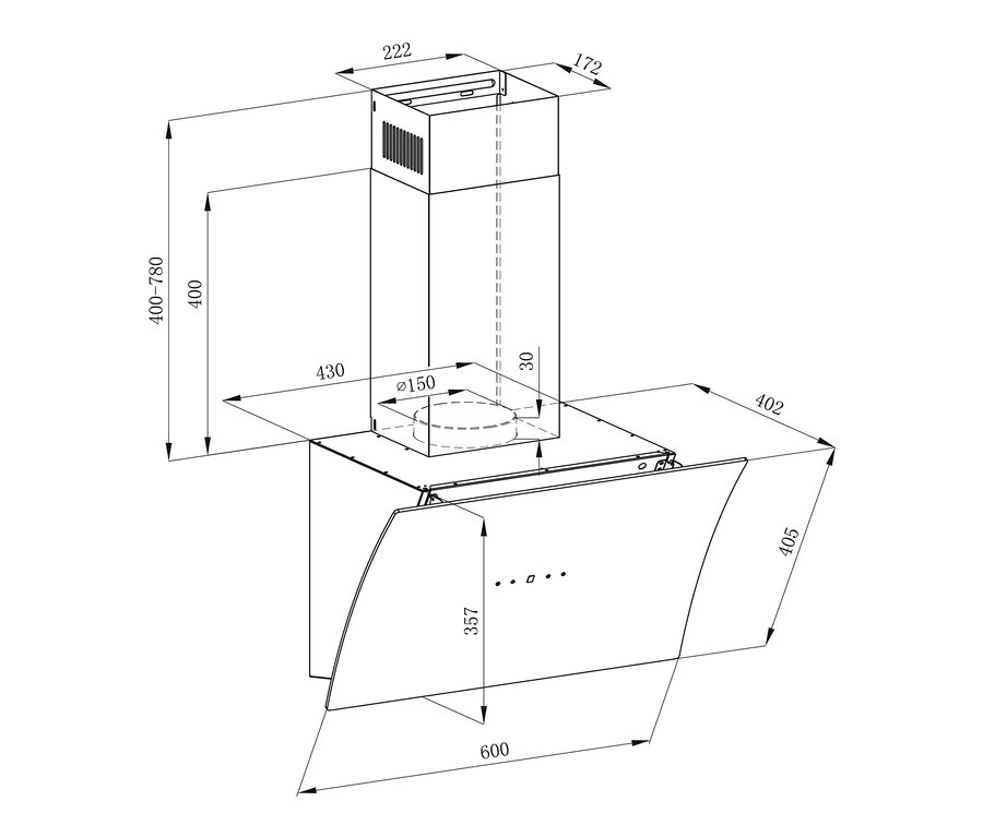 Technische Zeichnung einer Respekta konkaven Dunstabzugshaube »CH 55060«, 60 cm, A++ (von A+++ bis D), schwarz, mit Maßangaben.