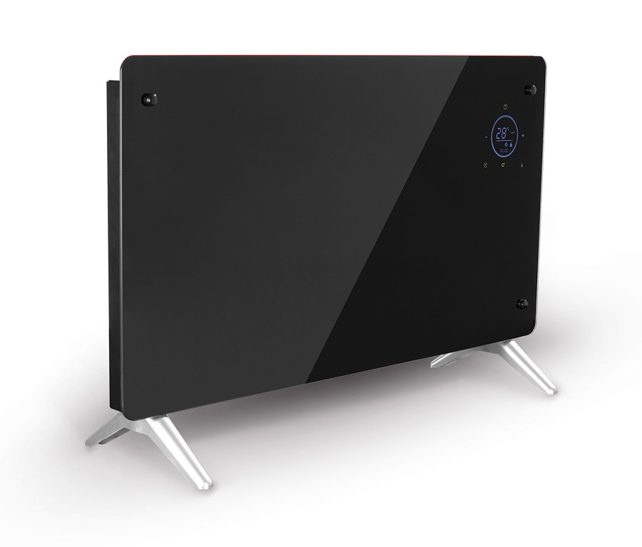 Ein schwarzer EASYmaxx Glaspanel-Heizkonvektor steht auf silbernen Füßen.