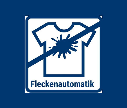 Blaues Symbol mit durchgestrichenem T-Shirt mit Fleck und dem Text "Fleckautomatik".