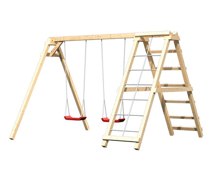 Karibu Doppelschaukel »Felix« mit Klettergerüst und Netzrampe.