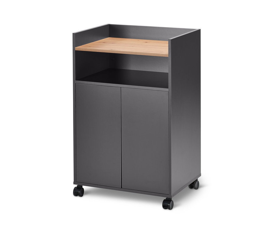 Ein grauer Küchen-Arbeitswagen mit einer Arbeitsfläche aus Holz und zwei Türen.