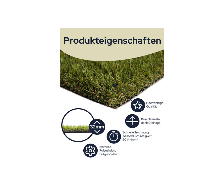 Nahaufnahme von Primaflor Kunstrasen »Korsika« mit Produktmerkmalen.