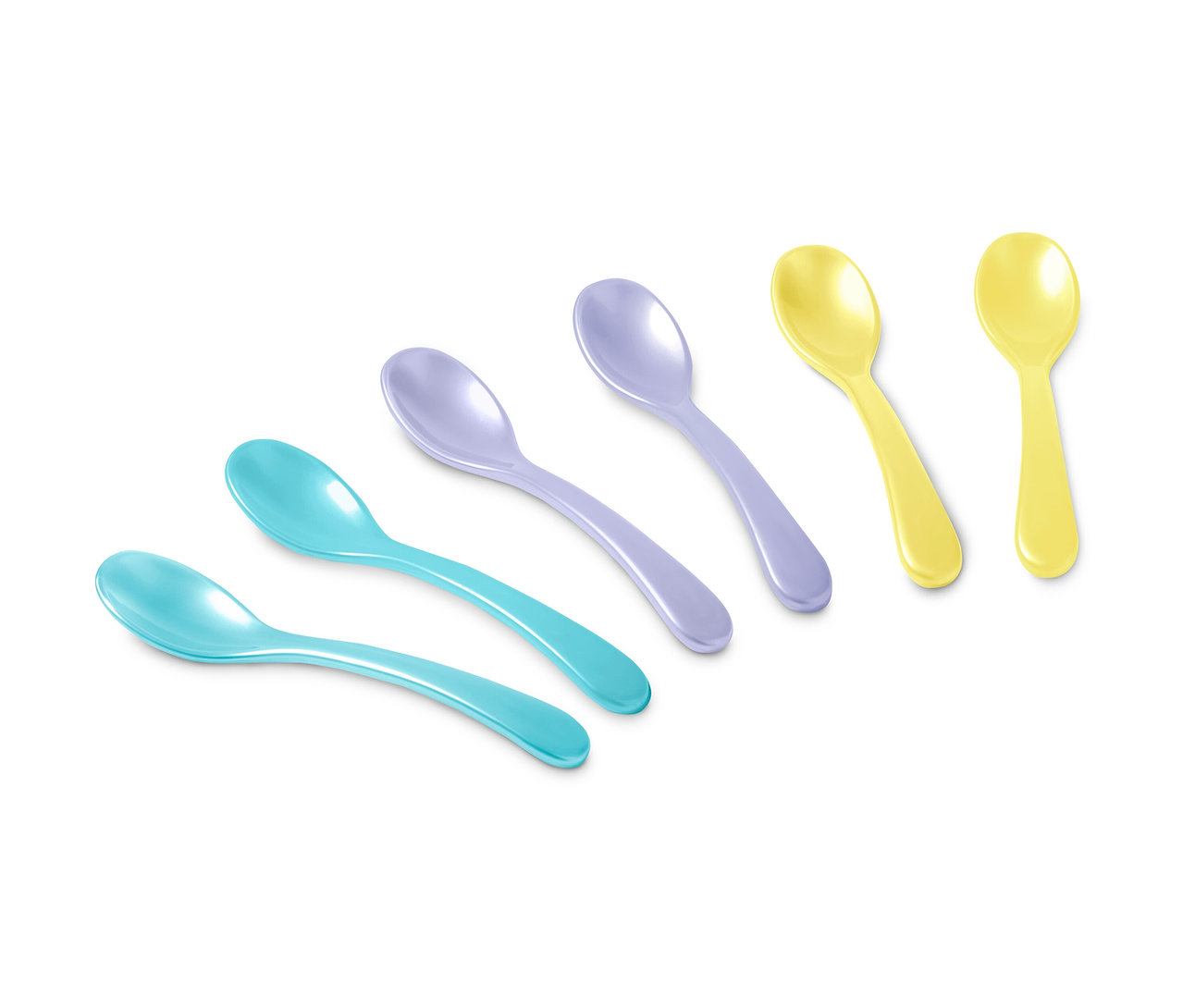 Sechs Eierlöffel in Blau, Lila und Gelb.