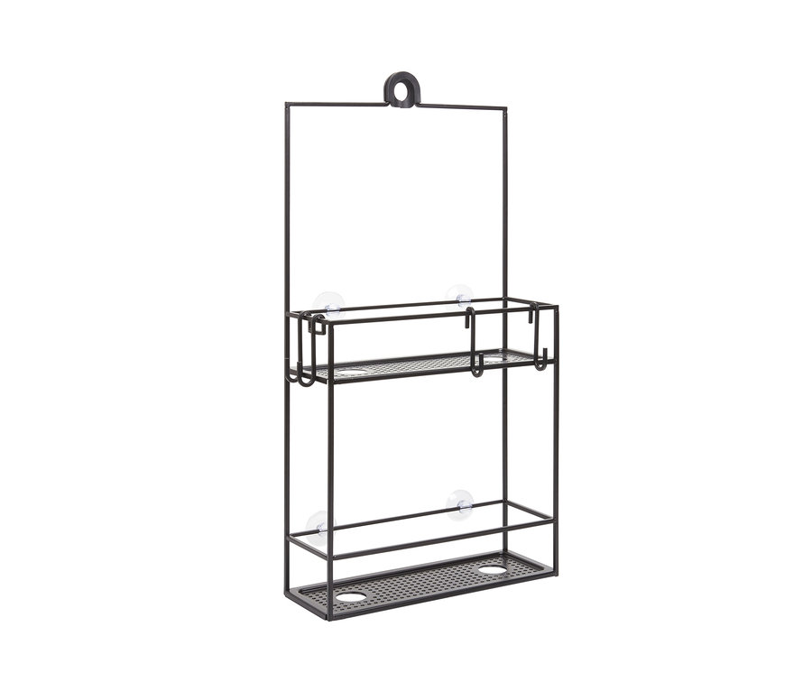 Schwarzes, hängendes Duschregal aus Metall mit zwei Ablagen und Saugnäpfen.