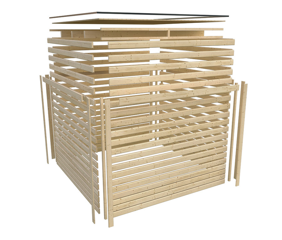 Teilweise aufgebautes Karibu Hybrid-Saunahaus Alice 3 mit Holzelementen auf weißem Hintergrund.