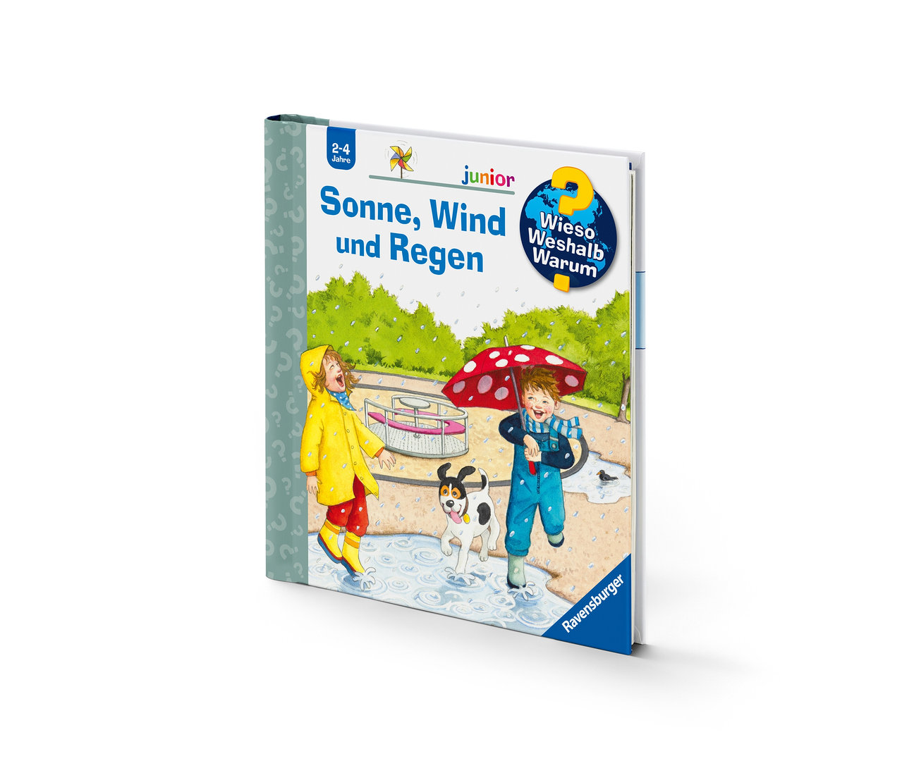 Abbildung aus dem Buch "Sonne, Wind und Regen", die Kinder zeigt, die im Regen spielen.