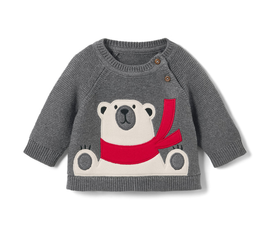 Grauer Kinder-Strickpullover mit Eisbär-Applikation und rotem Schal.