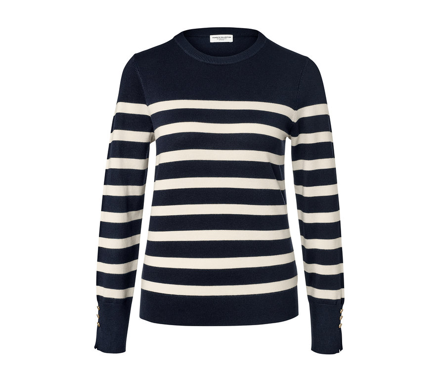 Dunkelblauer, gestreifter Feinstrickpullover.