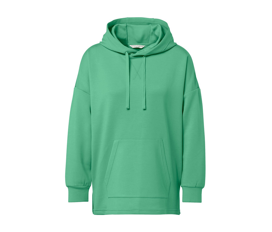 Ein grüner Hoodie aus Modal-Mix auf weißem Hintergrund.