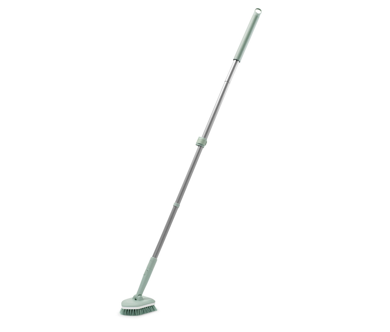 Ein Fliesen-und-Badschrubber mit einem silbernen Teleskopstiel.