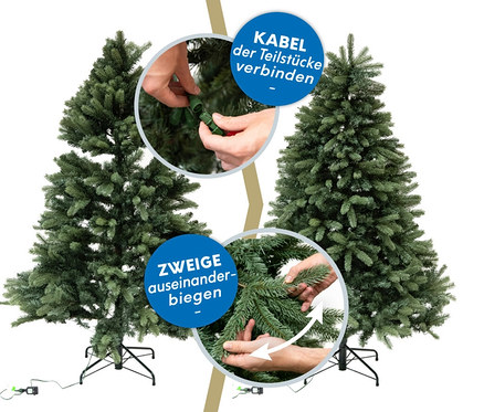 Zwei künstliche Weihnachtsbäume "Fichte" und "Roswell" mit LED-Lichterketten, bei einem Baum werden die Kabel verbunden, beim anderen werden die Zweige gebogen.