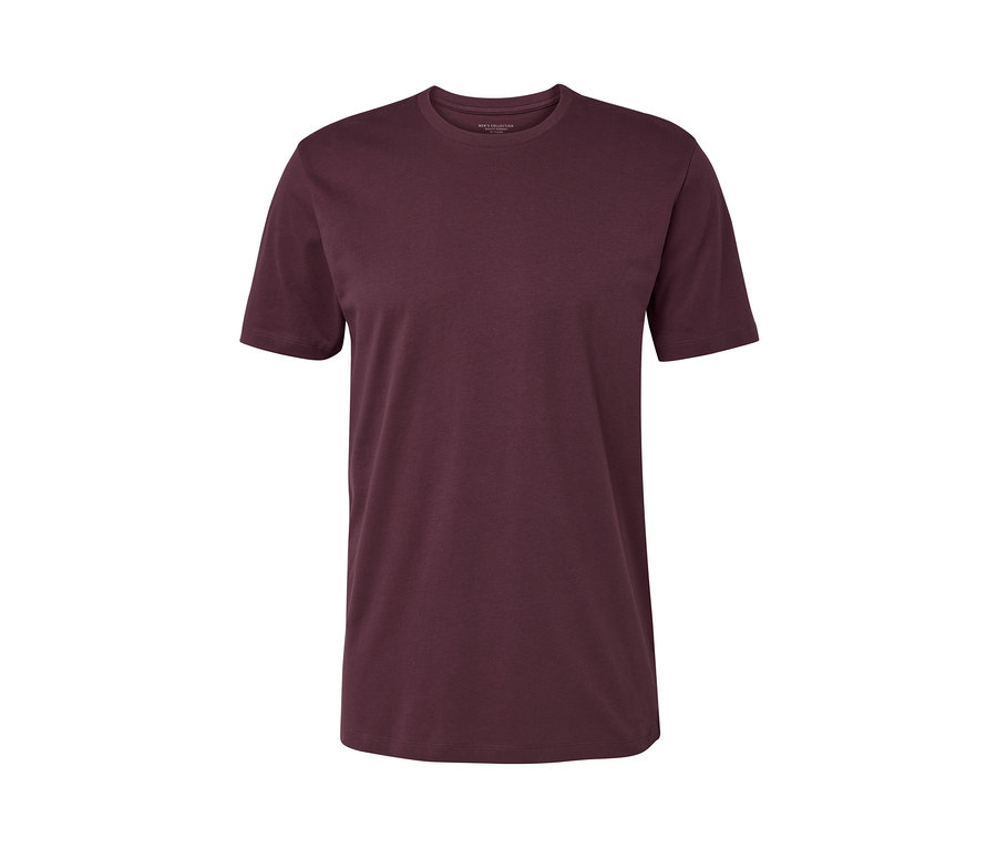 Detailaufnahme eines bordeauxroten T-Shirts aus einem 2er-Pack grauer und roter T-Shirts.