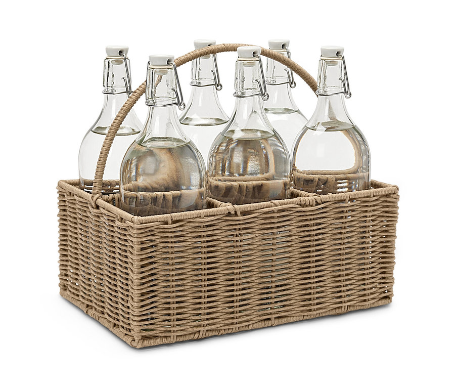 Sechs Glasflaschen mit weißen Deckeln in einem Flaschenträgerkorb.