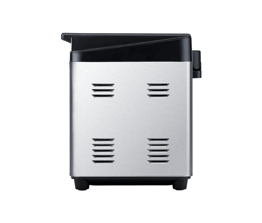 Seitenansicht des XL Brotbackautomaten »BM2« mit silbernem Gehäuse und schwarzem Deckel.