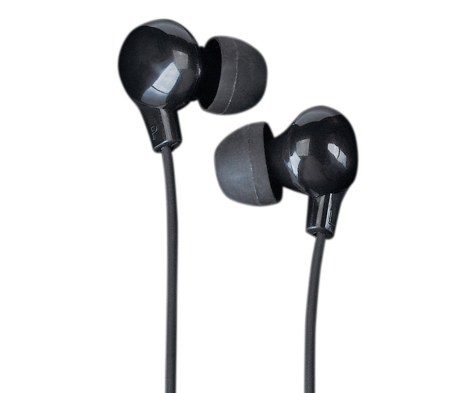 Nahaufnahme von schwarzen In-Ear-Kopfhörern mit Kabel auf weißem Hintergrund.