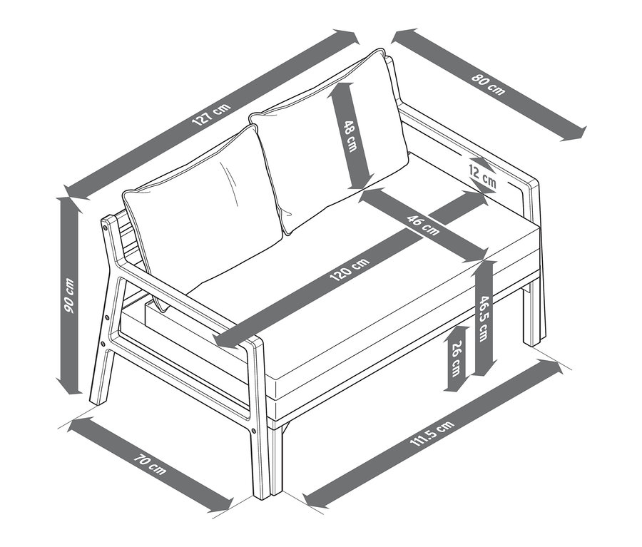 Abbildung eines ausziehbaren Loungesofas mit ausziehbarem Fußteil und Massangaben.