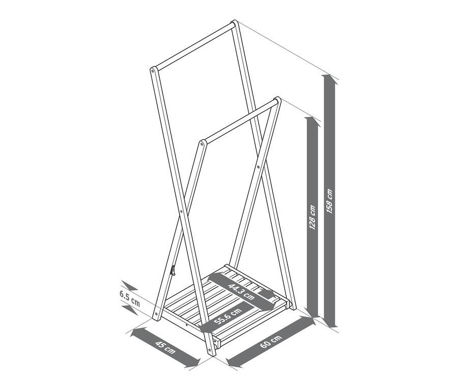Eine Skizze eines hölzernen Kleiderständers mit Maßangaben.
