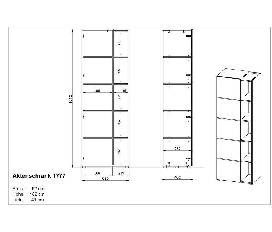 Zeichnungen von Aktenschrank "Olvera" mit Abmessungen.