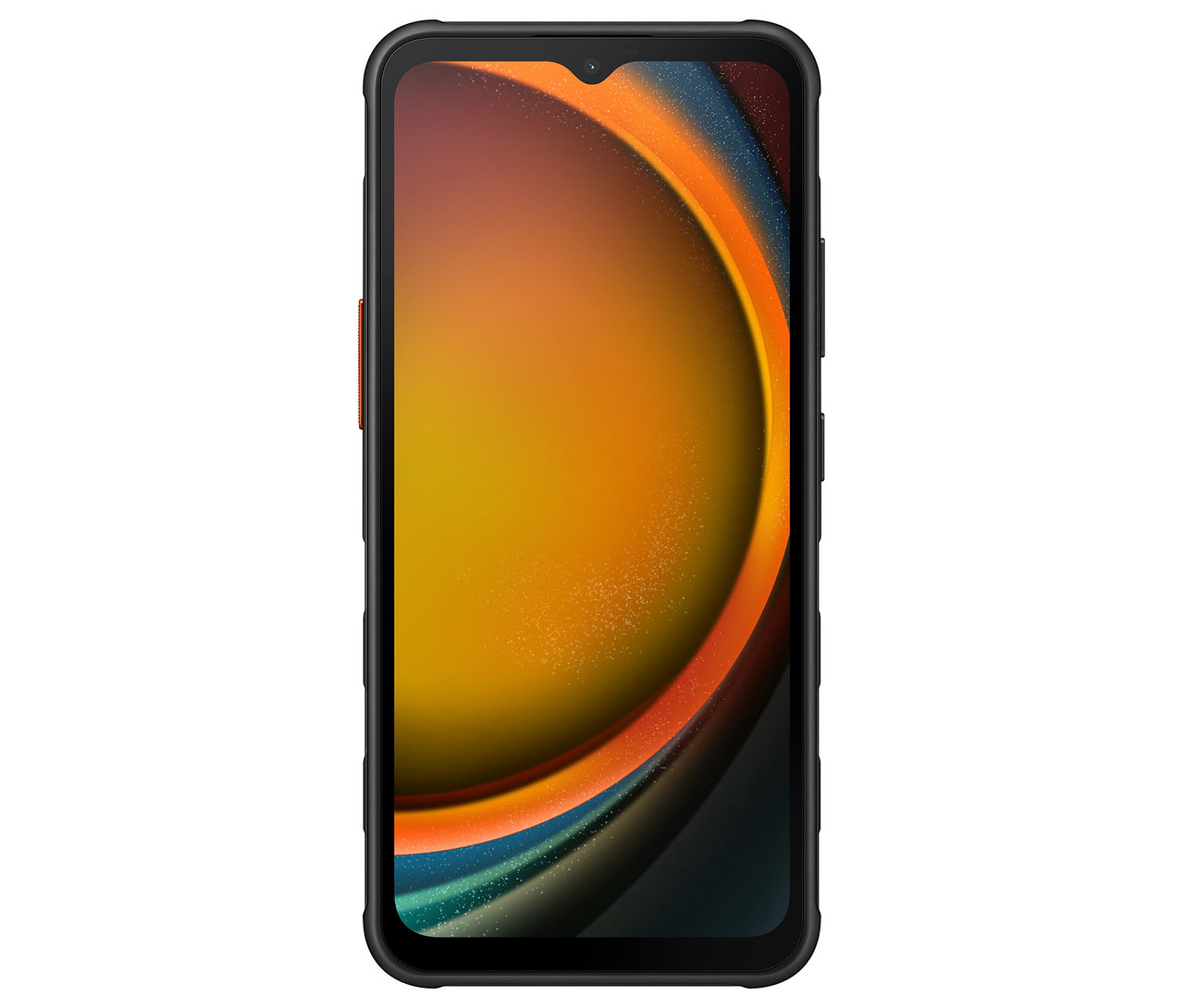 Schwarzes Smartphone mit orangefarbenem Display. Das Display zeigt ein abstraktes, farbenfrohes Design.