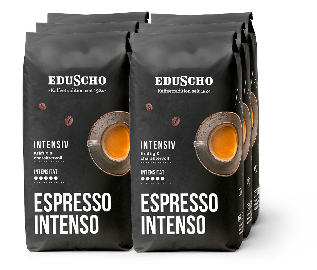 Schwarze Packungen Eduscho Espresso Intenso in einer Reihe.
