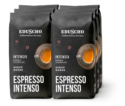 Schwarze Packungen Eduscho Espresso Intenso in einer Reihe.