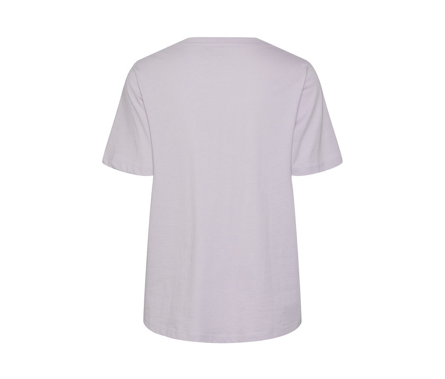 Rückseite eines lila T-Shirts mit Stickerei.