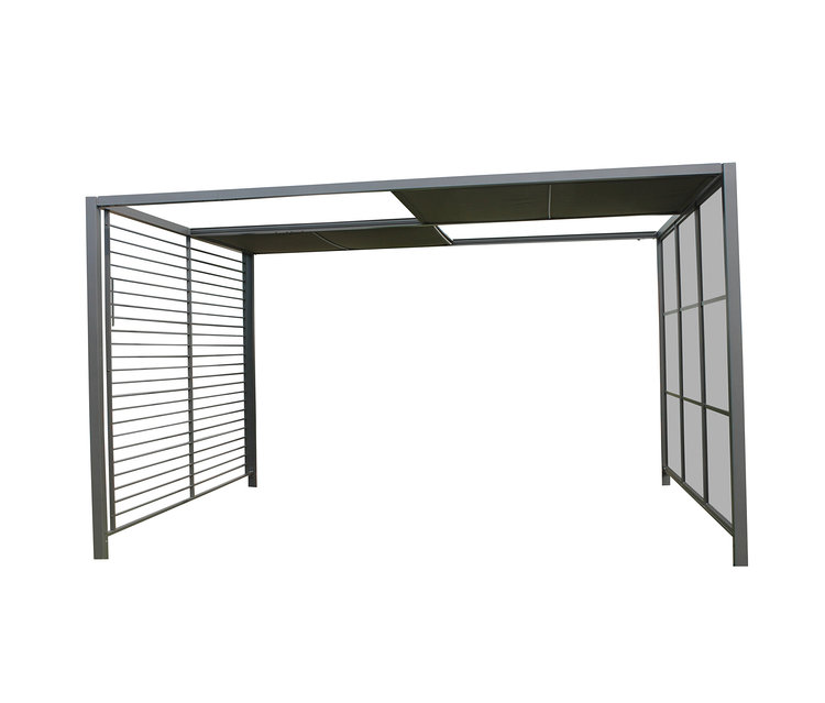 Graue Leco-Pergola Gaby mit Lamellendach und Seitenwänden.