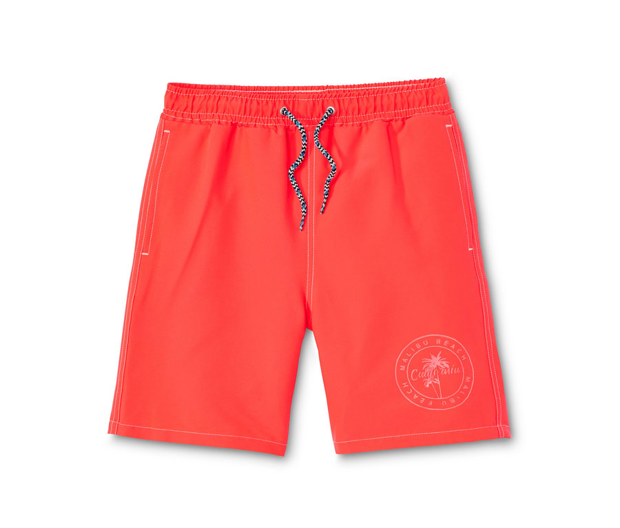 Orangefarbene Boardshorts mit Malibu Beach Palmen-Aufdruck.