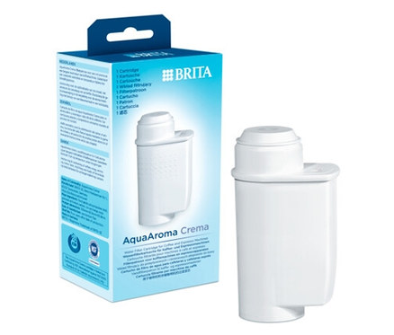 Eine Packung Brita Aqua Aroma Crema mit 6 Filterkartuschen und eine einzelne Filterkartusche.