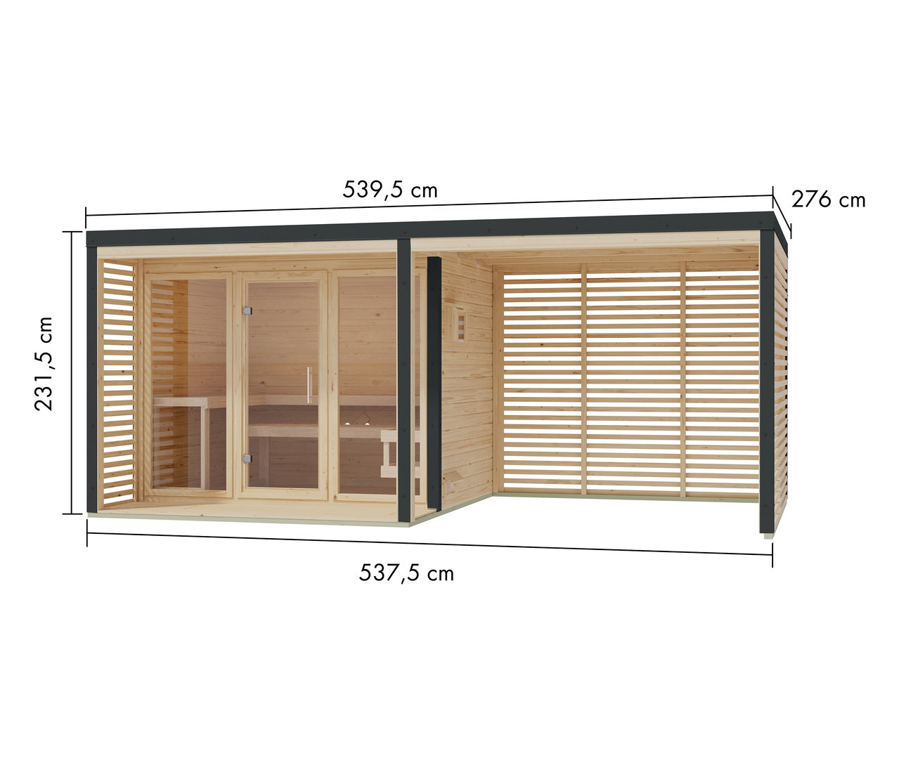 Abmessungen des Karibu Saunahauses »Alice 3«, Anbau, naturfarben-anthrazit.