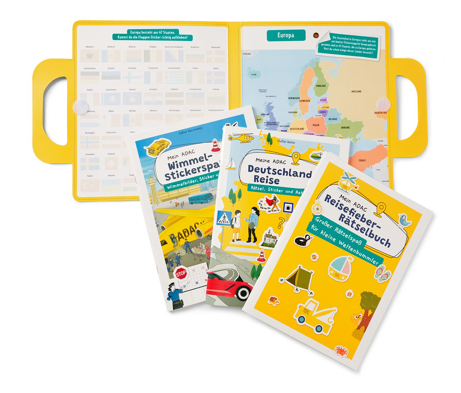 Gelbes aufklappbares Buch mit einer Karte von Europa und vier Bücher mit Rätseln und Aufklebern für Kinder.