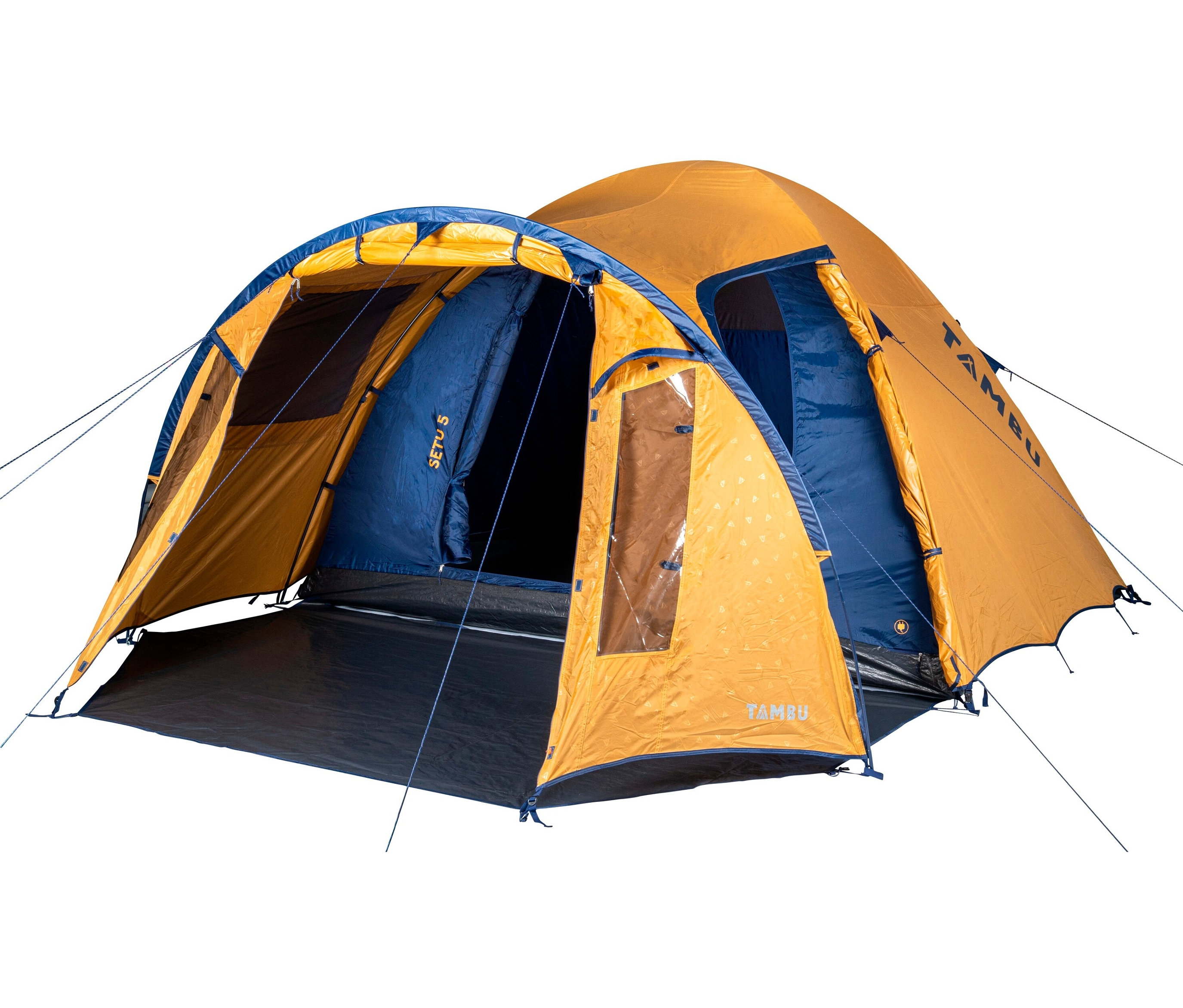 Ein gelb-blaues Tambu Setu 5 Kuppelzelt für 5 Personen mit Eingang, Fenstern und schwarzer Unterlage vor einem weißen Hintergrund.
