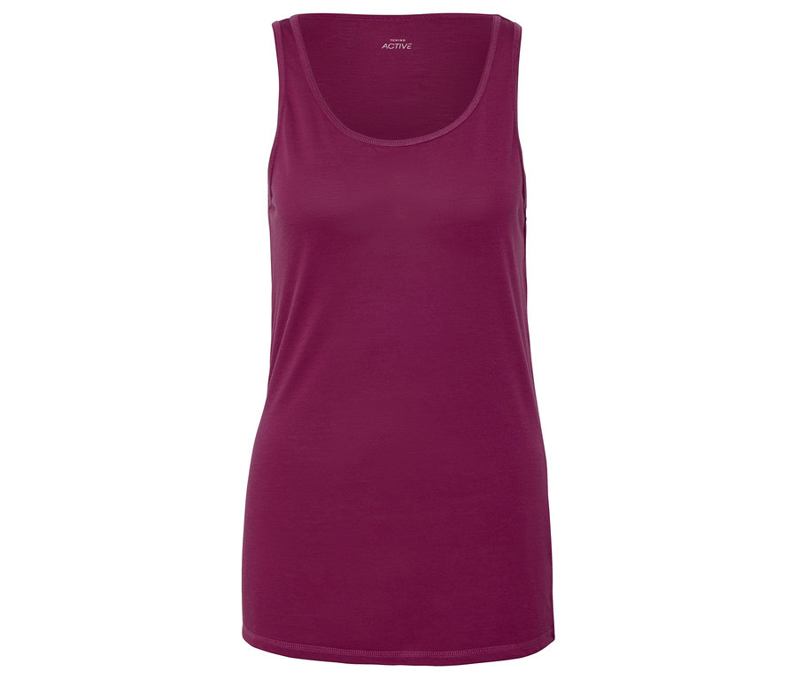 Ein ärmelloses, violettes Tanktop vor einem weißen Hintergrund.