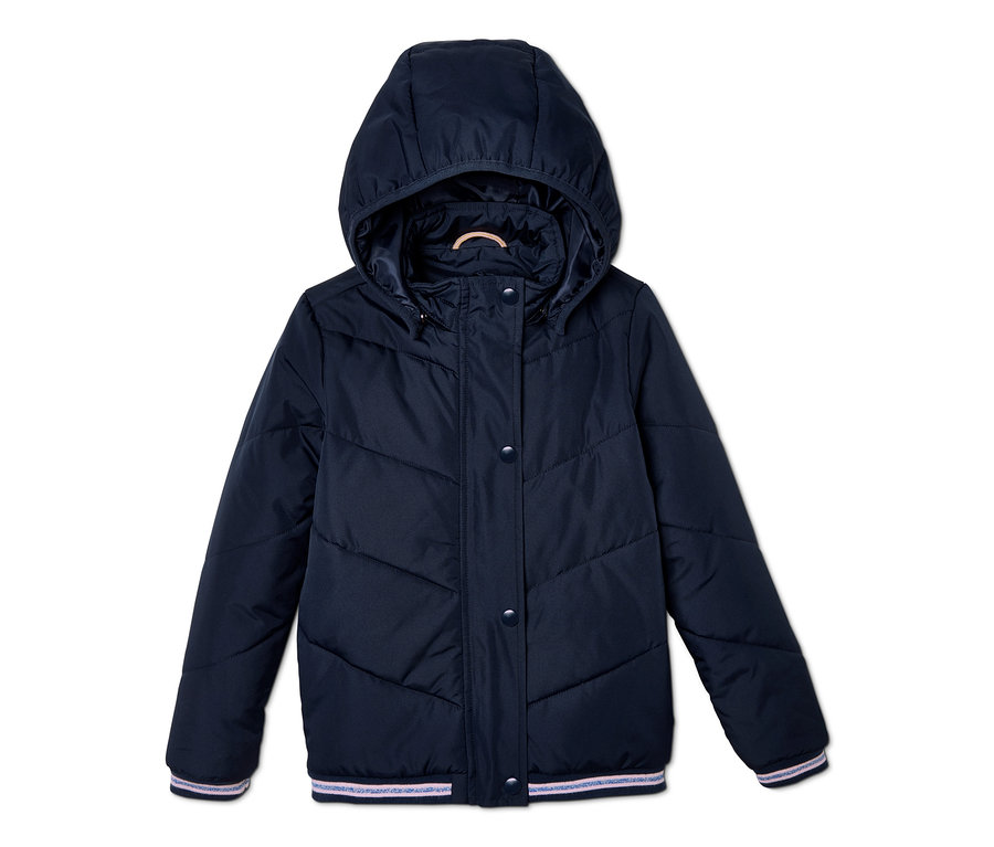 Dunkelblaue Thermojacke mit Kapuze.