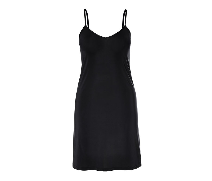 Schwarzes Unterkleid mit Spaghettiträgern.